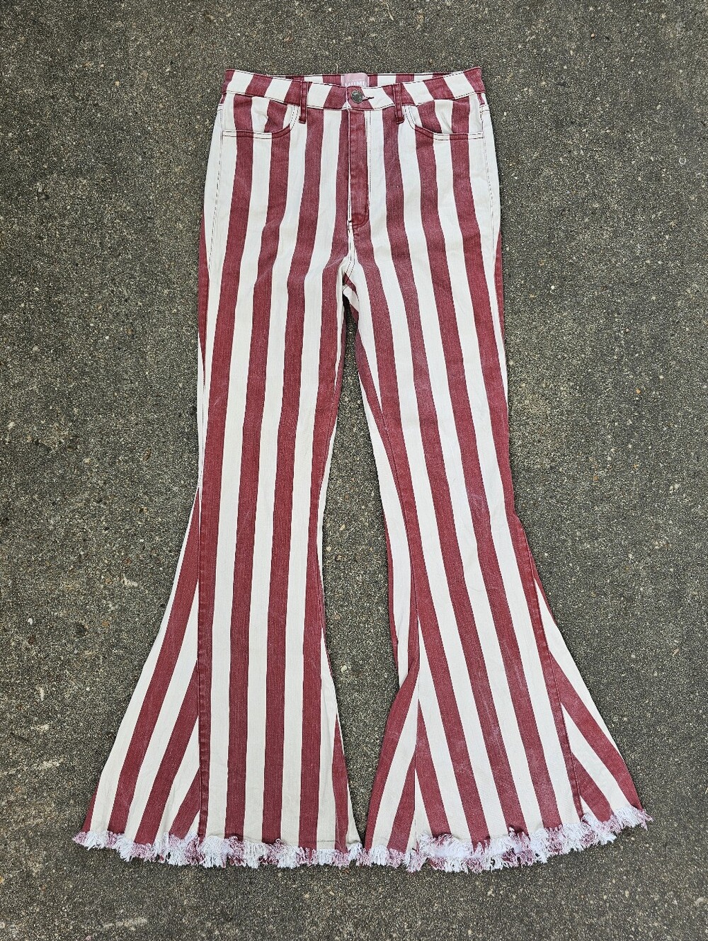 Show Me Your Mumu Red & White Vertical Stripe Bell Bottom Flare Jeans Size 32